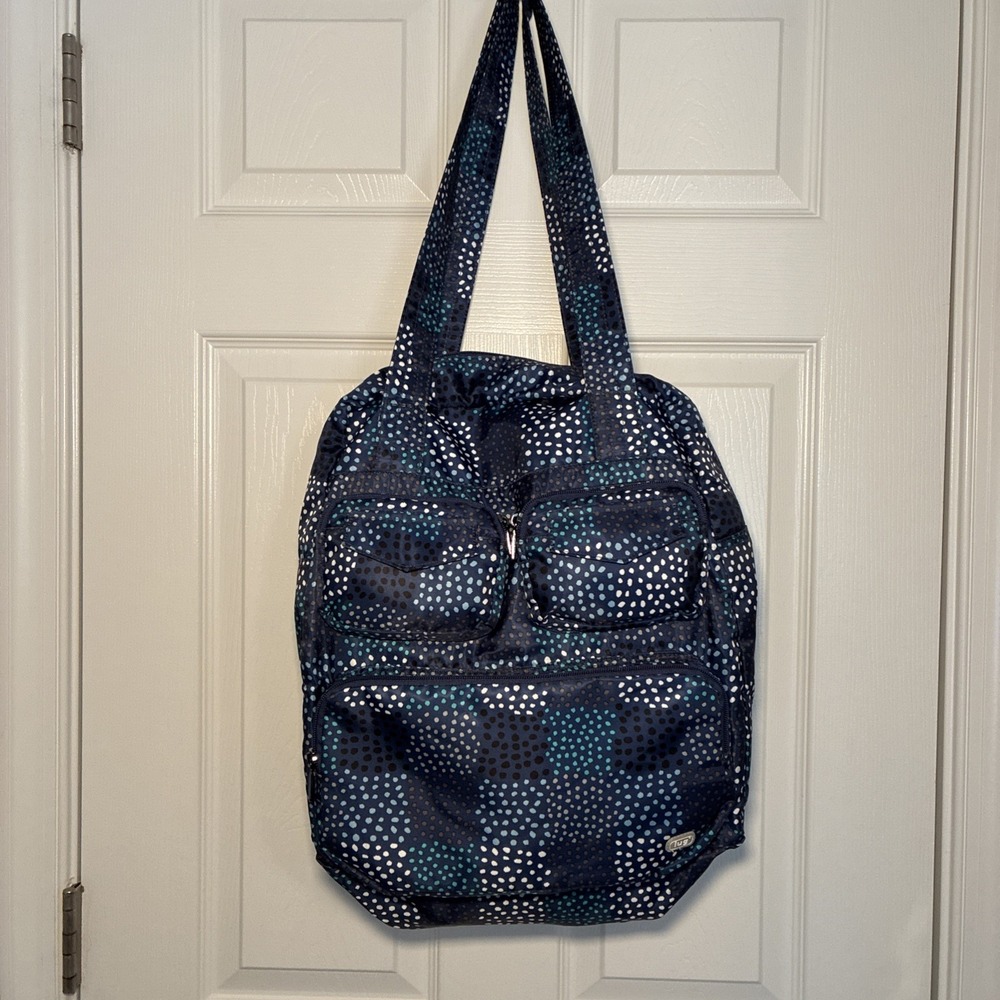 Lug Puddle Jumper Packable Tote Bag Blue White Confetti Dots Pockets Large
